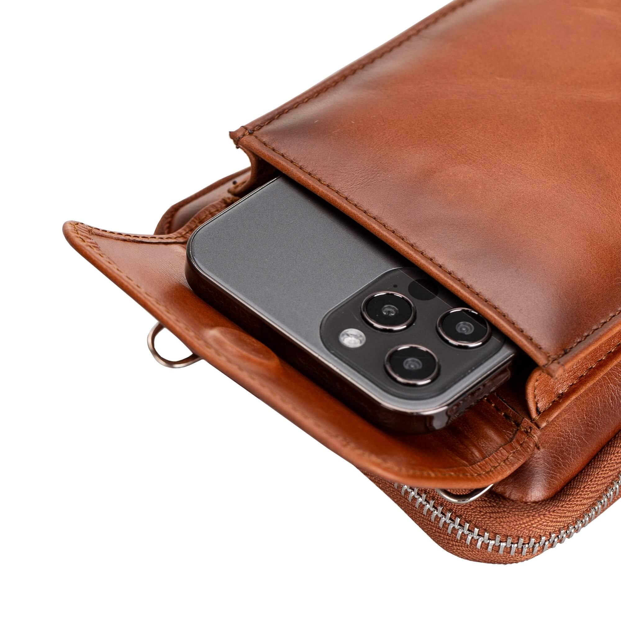 Fermo Leather Crossbody Wallet Phone Case for iPhone 14 Pro Max Antique Brown