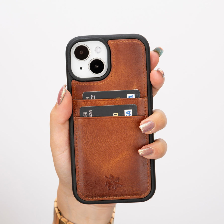 Funda tipo billetera de cuero Capri Snap On para iPhone 15